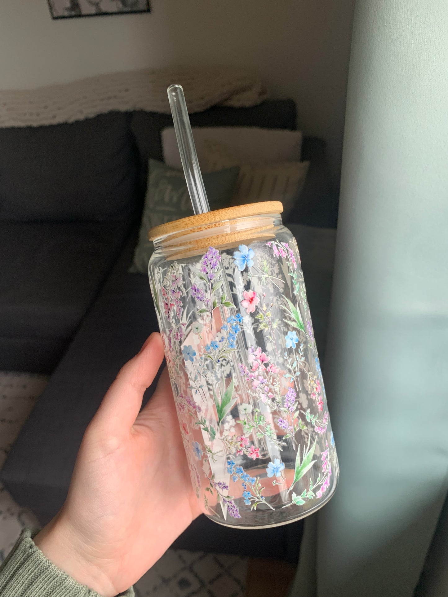 Blooms, Summer, Glass, Tumbler, With Lid, Glass Straw, Beverage, Drinkware, Summer Glass, Drinking, Ice Coffee, Gifts For Her