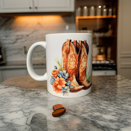 * Cowgirl Boots and Blue Floral Mug